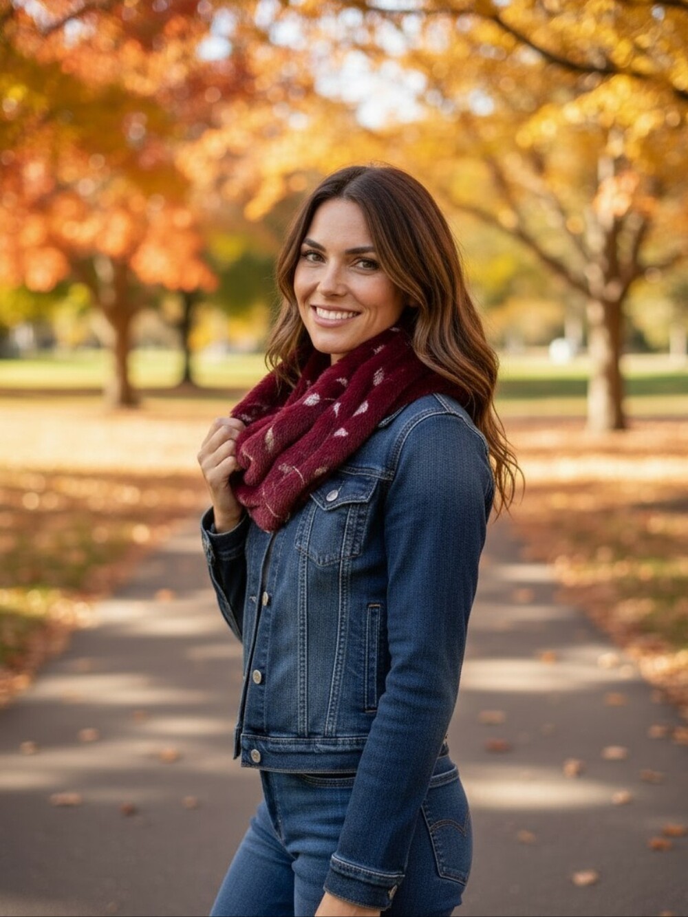 Women's Plush Soft Infinity Scarf Burgundy Silver Feathers Print